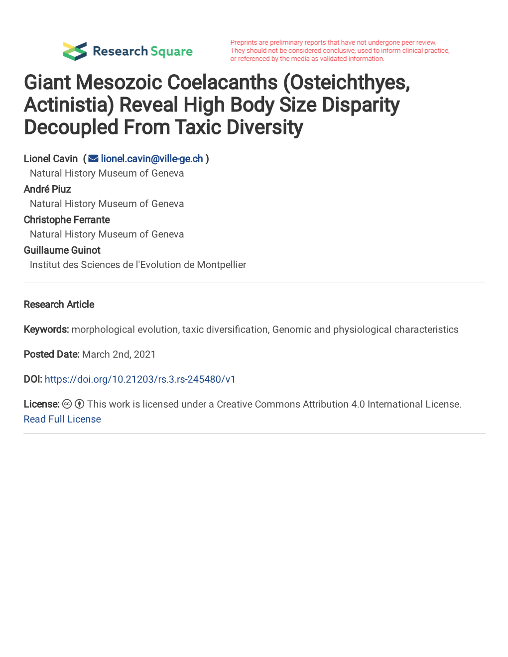 Giant Mesozoic Coelacanths (Osteichthyes, Actinistia) Reveal High Body Size Disparity Decoupled from Taxic Diversity