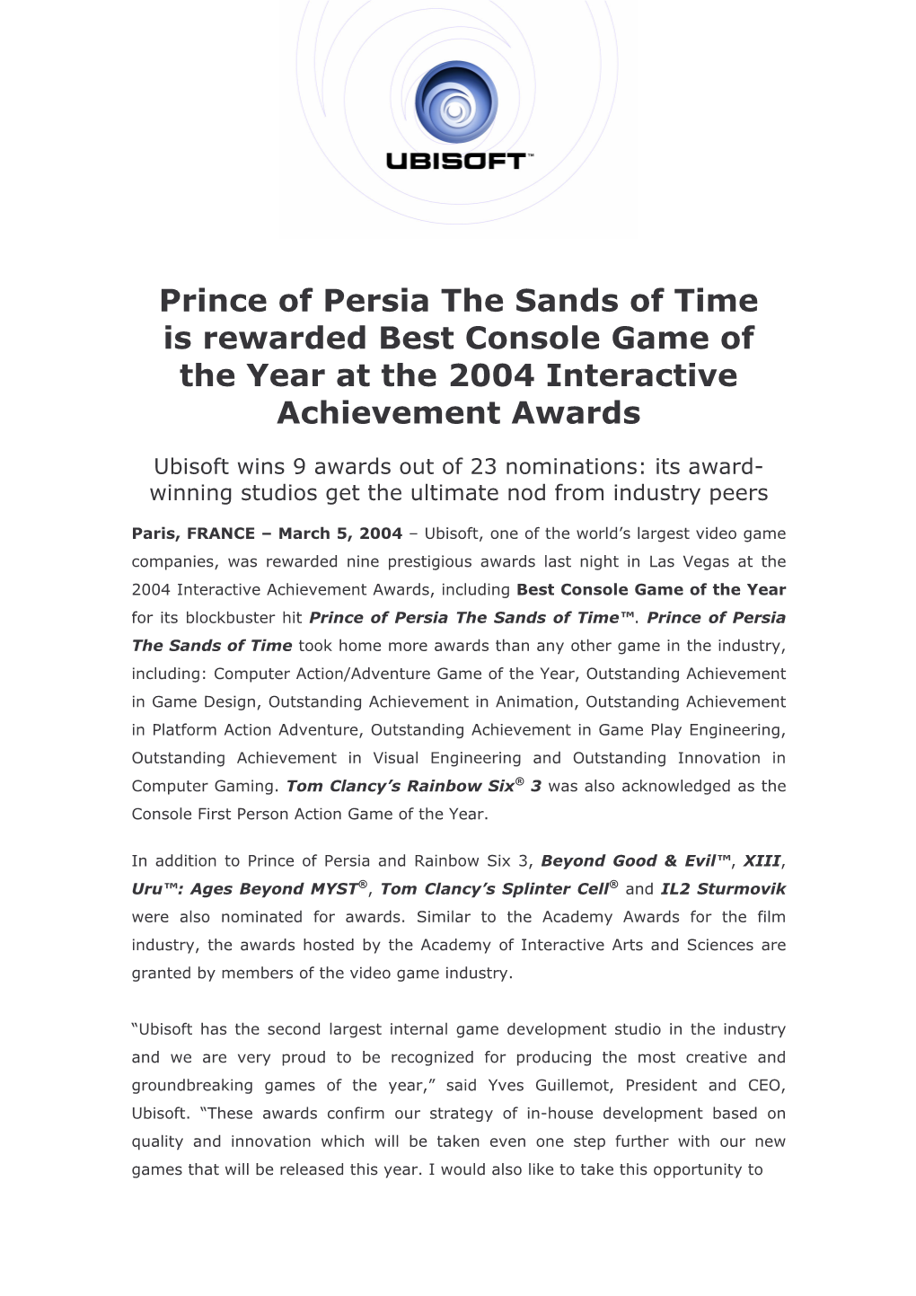 Prince of Persia the Sands of Time Is Rewarded Best Console Game of the Year at the 2004 Interactive Achievement Awards