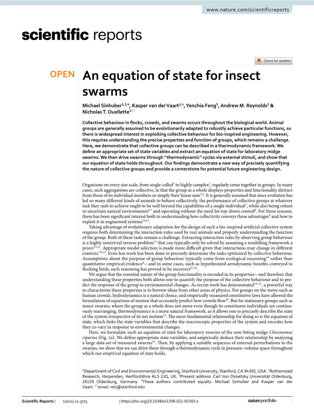 An Equation of State for Insect Swarms Michael Sinhuber1,3,4, Kasper Van Der Vaart1,4, Yenchia Feng1, Andrew M