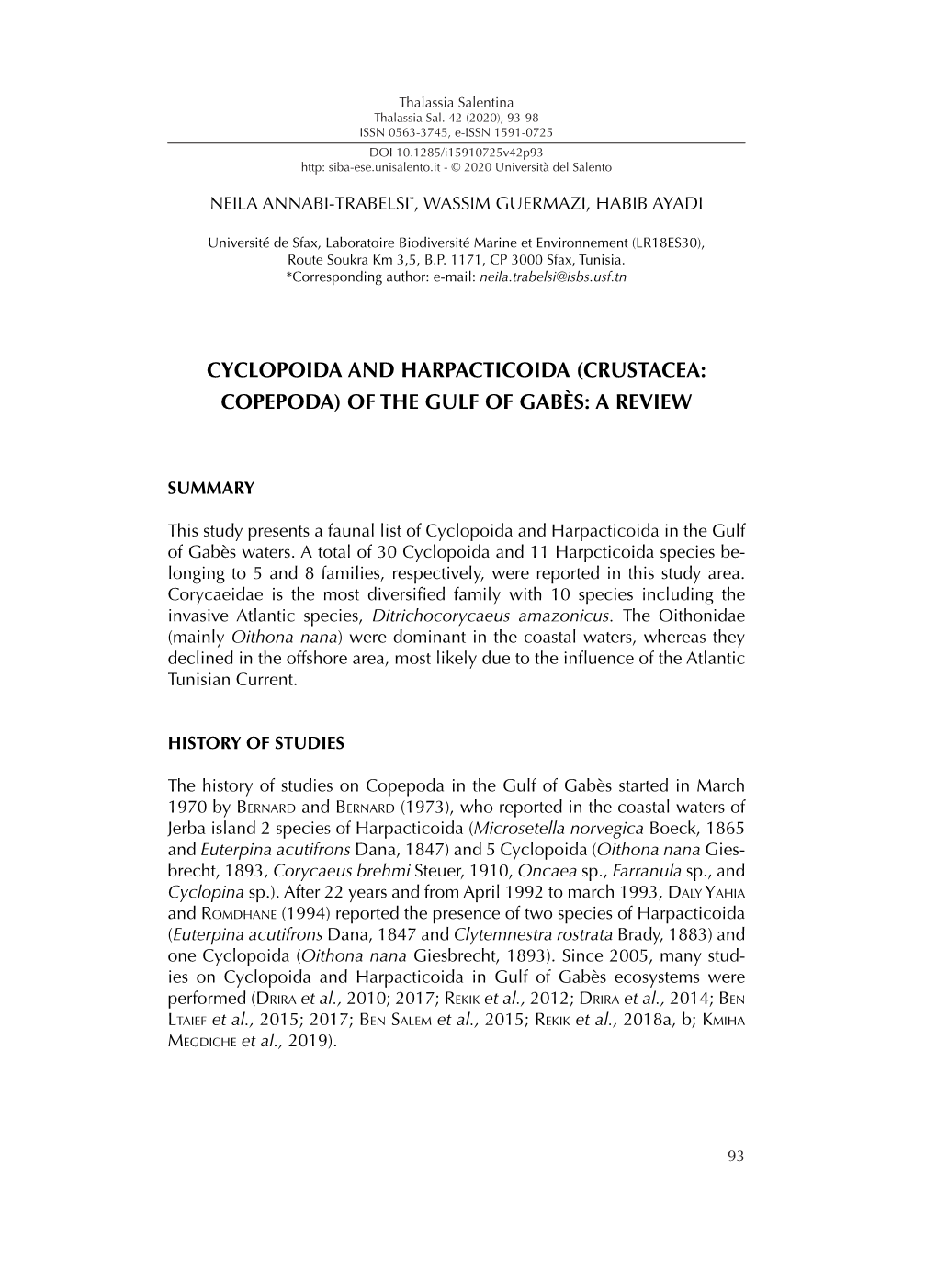 Cyclopoida and Harpacticoida (Crustacea: Copepoda) of the Gulf of Gabès: a Review