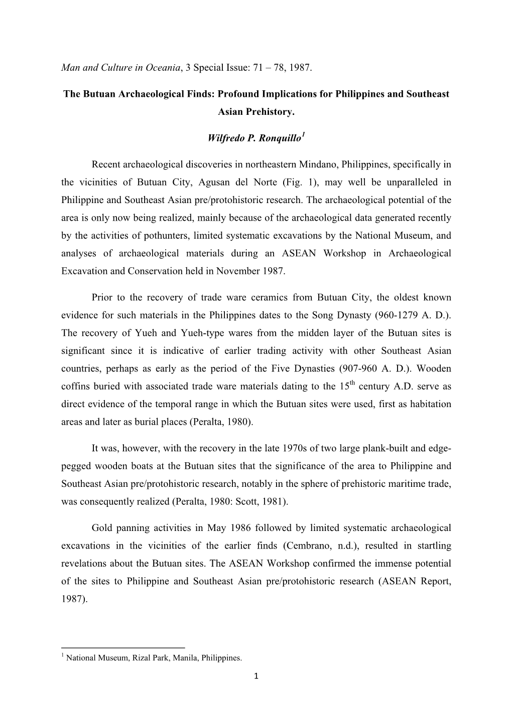 78, 1987. the Butuan Archaeological Finds