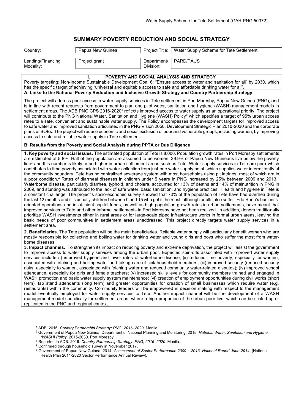 Water Supply Scheme for Tete Settlement: Summary Poverty