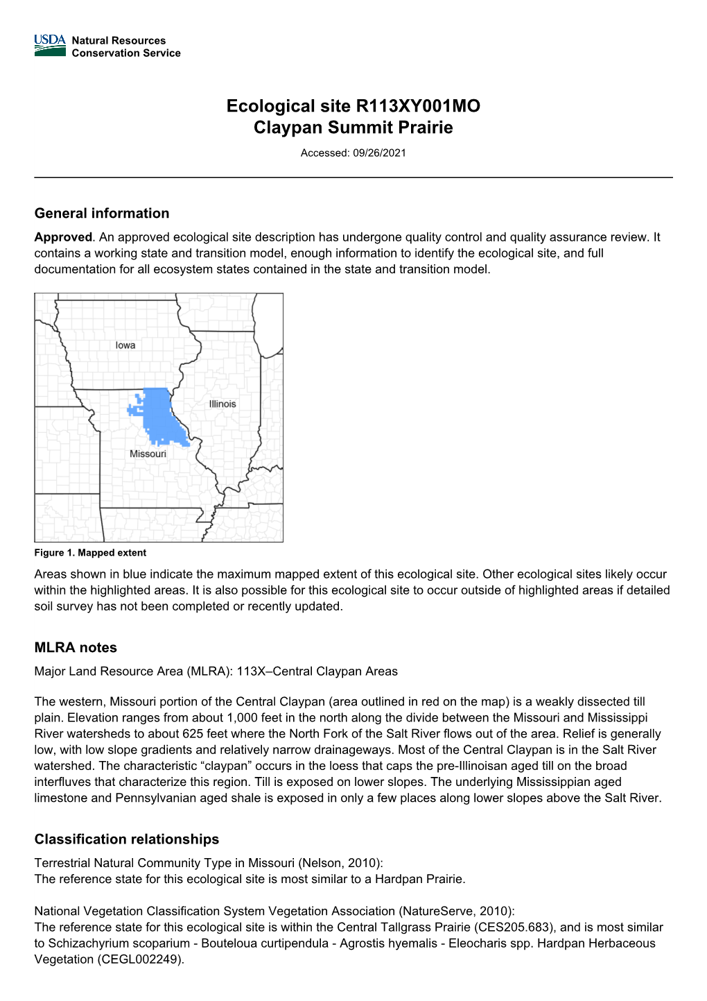 Ecological Site R113XY001MO Claypan Summit Prairie