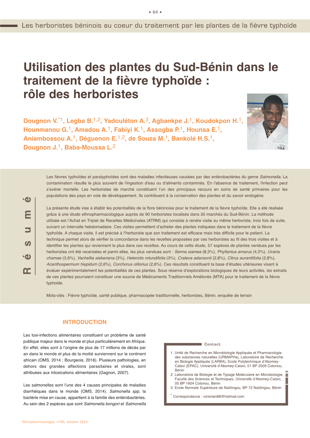 Utilisation Des Plantes Du Sud-Bénin Dans Le Traitement De La Fièvre Typhoïde : Rôle Des Herboristes