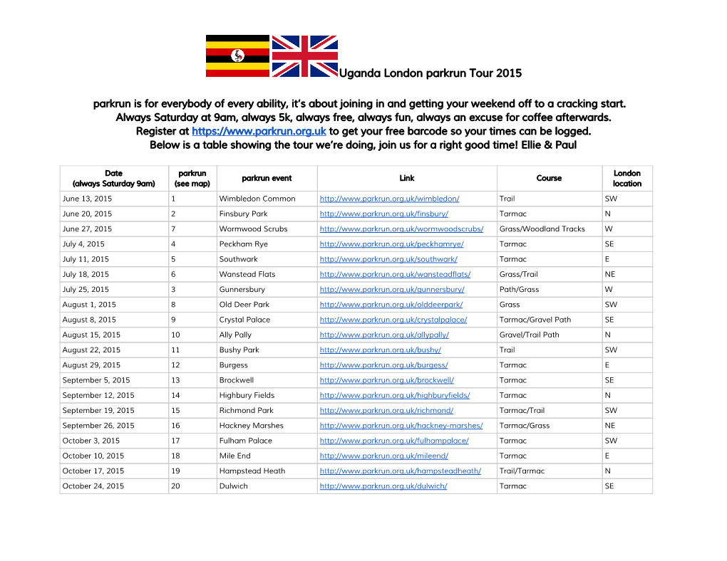 Uganda London Parkrun Tour 2015