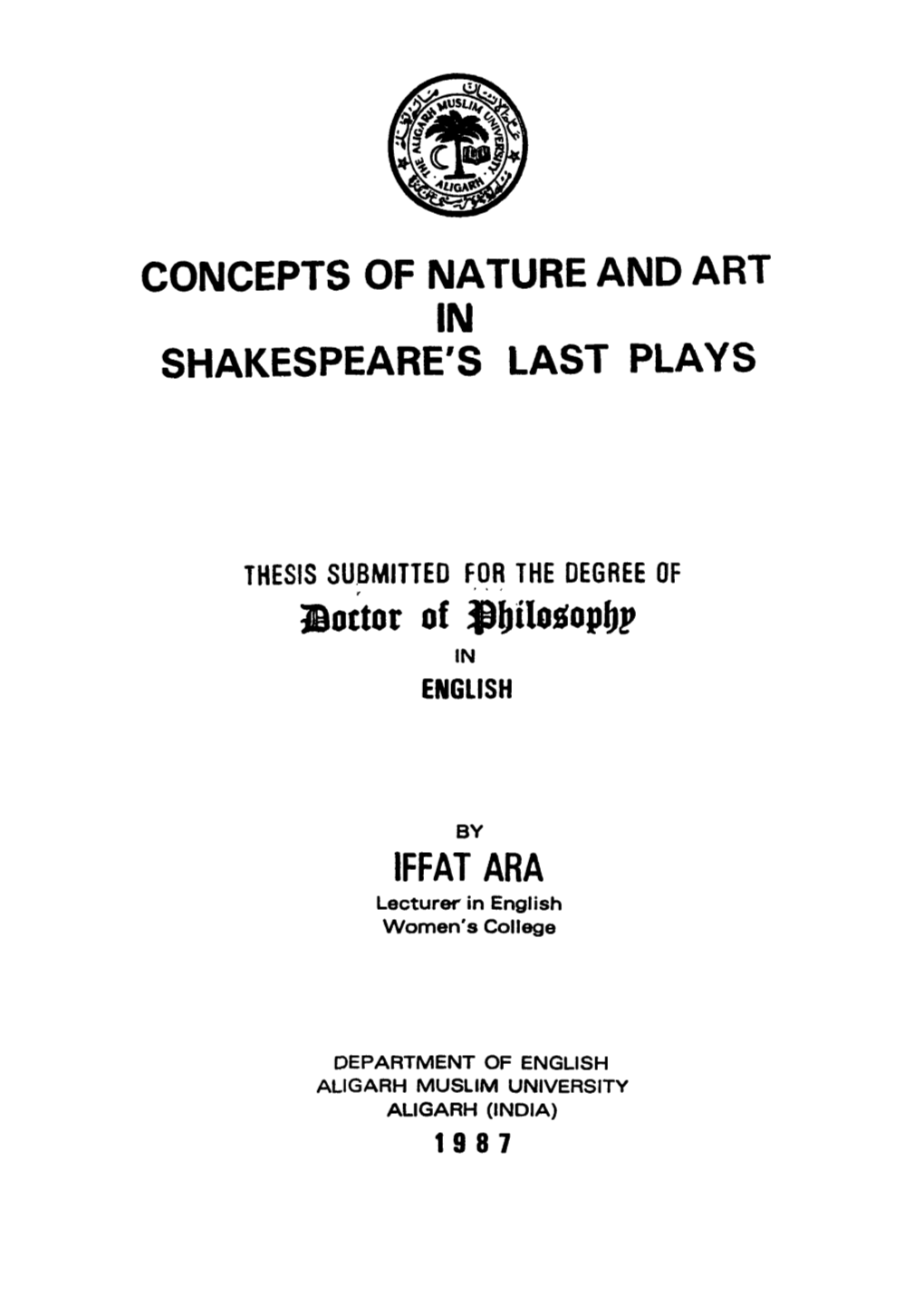 Concepts of Nature and Art in Shakespeare's Last Plays