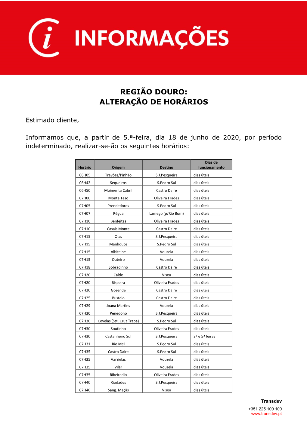 Região Douro: Alteração De Horários