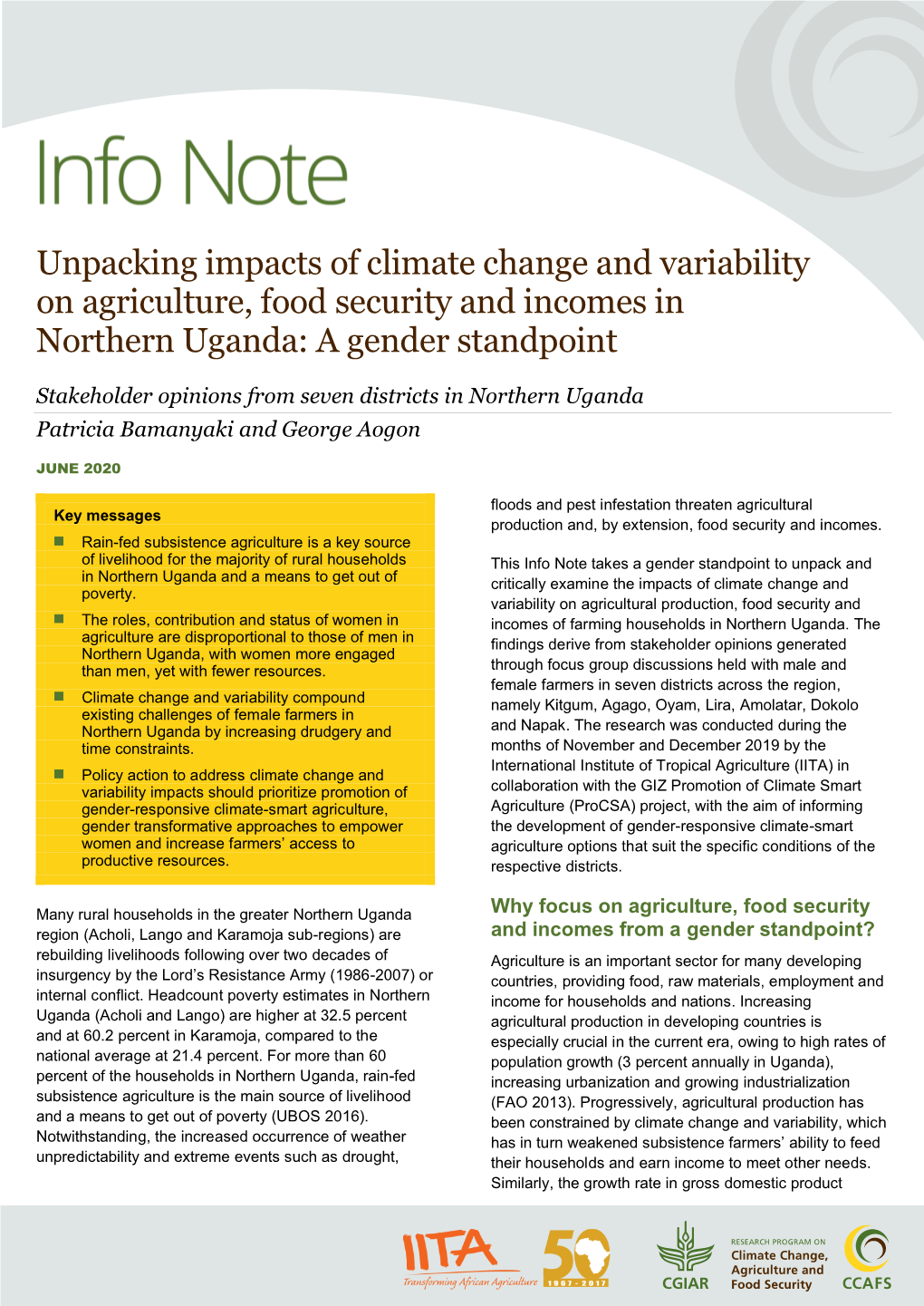 Unpacking Impacts of Climate Change and Variability on Agriculture, Food Security and Incomes in Northern Uganda: a Gender Standpoint
