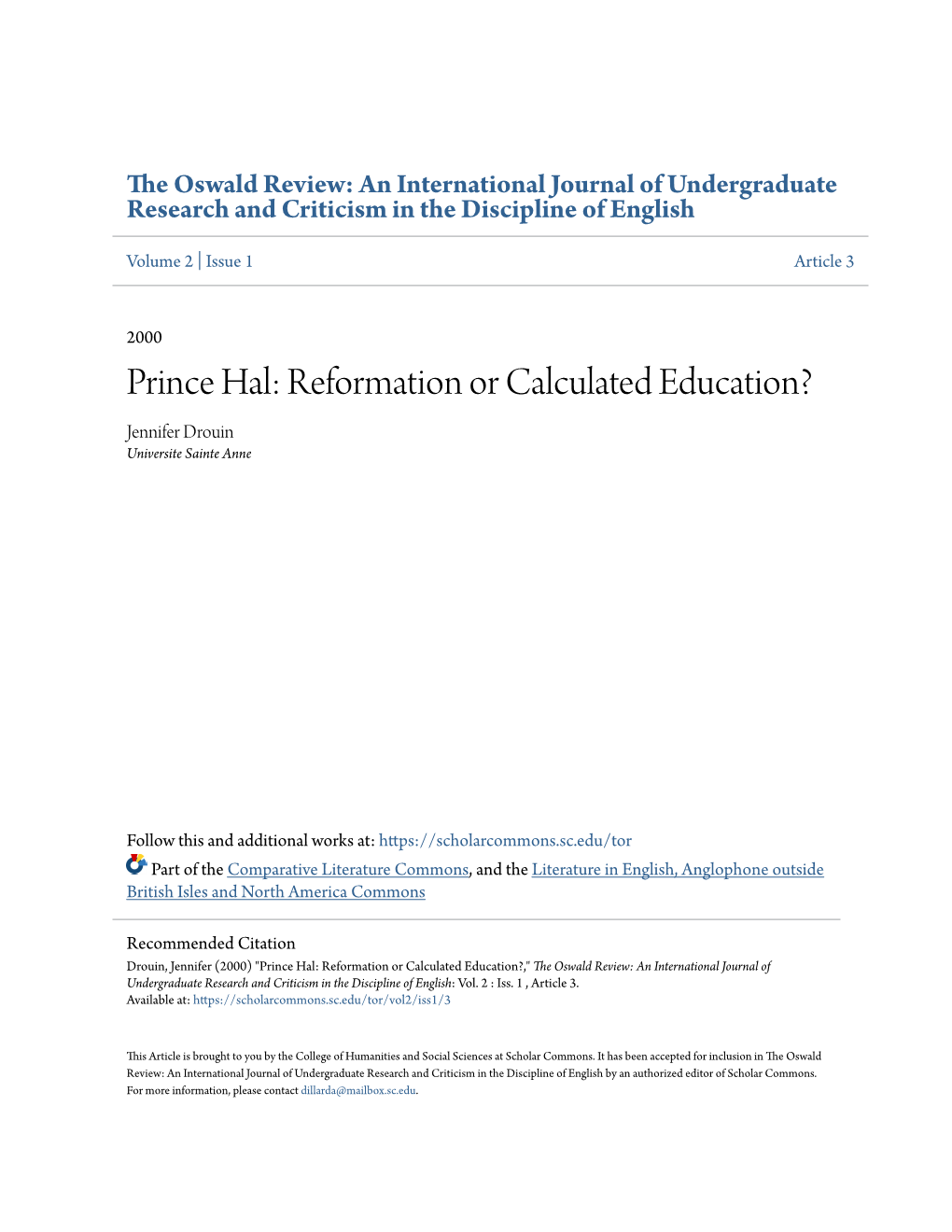 Prince Hal: Reformation Or Calculated Education? Jennifer Drouin Universite Sainte Anne