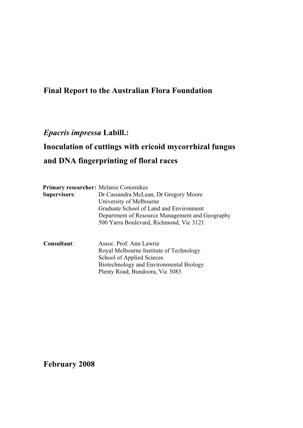 Final Report to the Australian Flora Foundation Epacris Impressa Labill