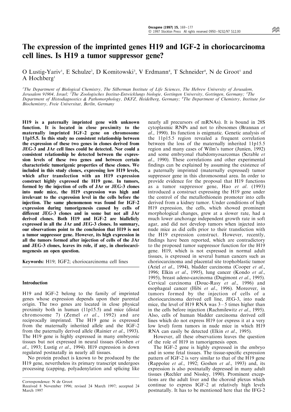 The Expression of the Imprinted Genes H19 and IGF-2 in Choriocarcinoma Cell Lines