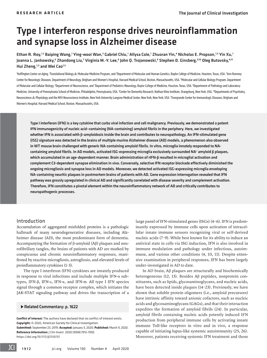 Type I Interferon Response Drives Neuroinflammation and Synapse Loss in Alzheimer Disease