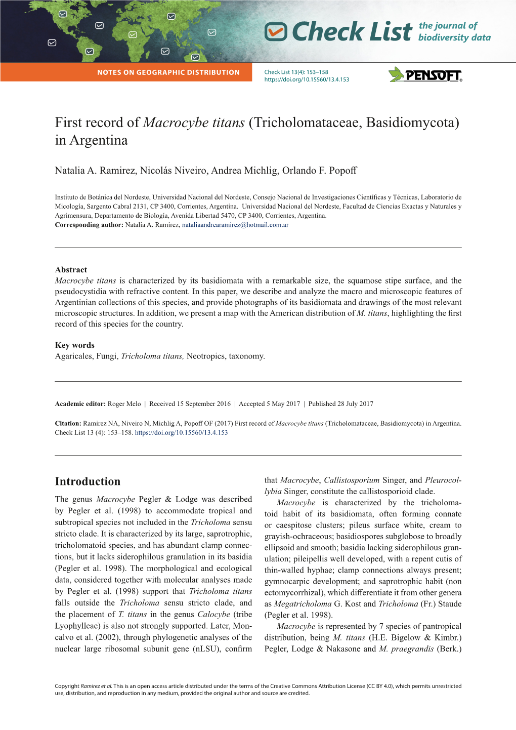 First Record of Macrocybe Titans (Tricholomataceae, Basidiomycota) in Argentina