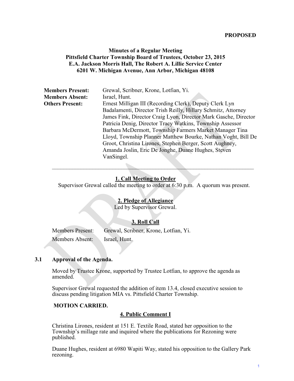 PROPOSED Minutes of a Regular Meeting Pittsfield Charter Township