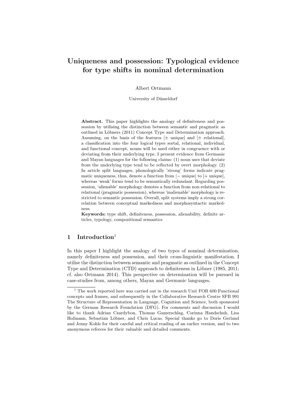 Uniqueness and Possession: Typological Evidence for Type Shifts in Nominal Determination