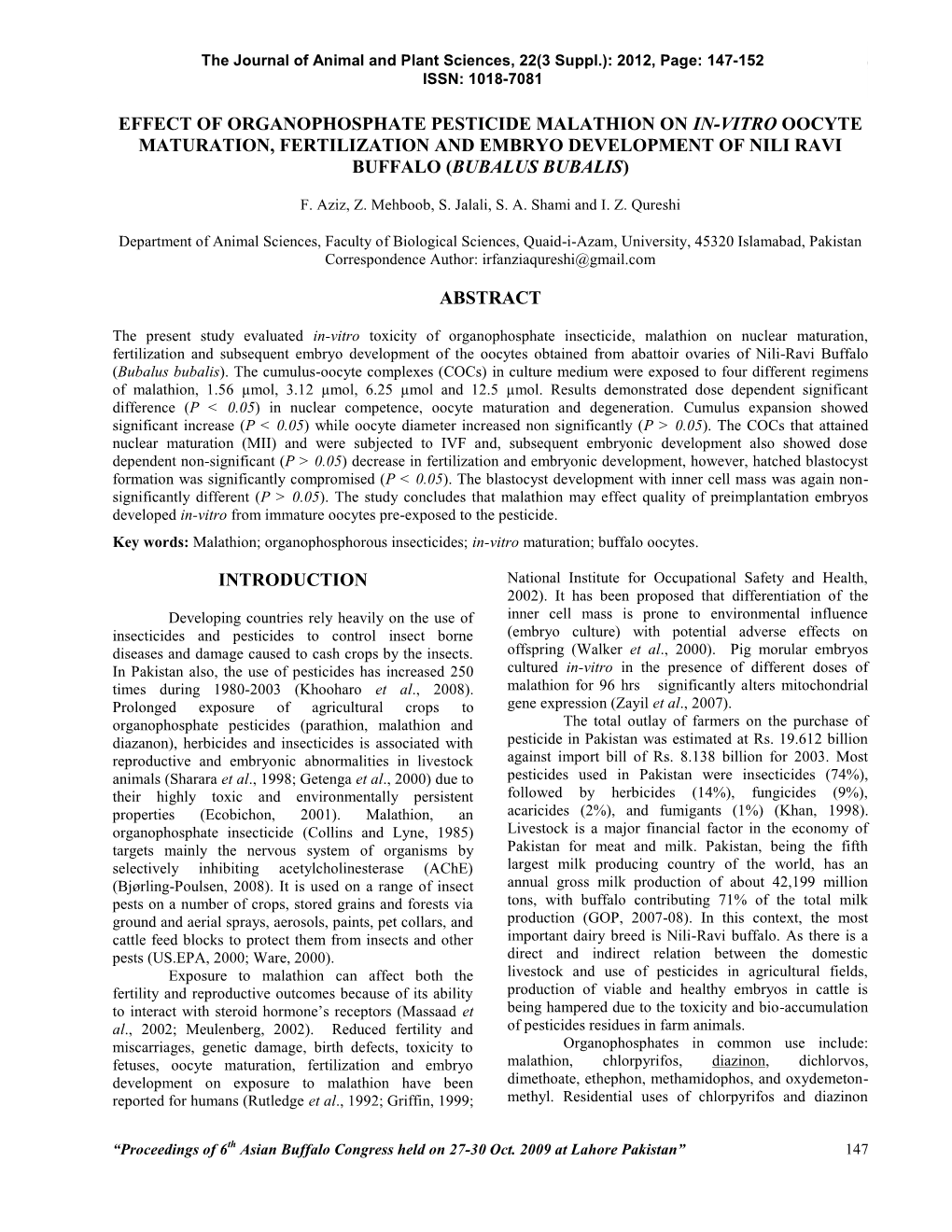 Effect of Organophosphate Pesticide Malathion on In-Vitro Oocyte Maturation, Fertilization and Embryo Development of Nili Ravi Buffalo (Bubalus Bubalis)