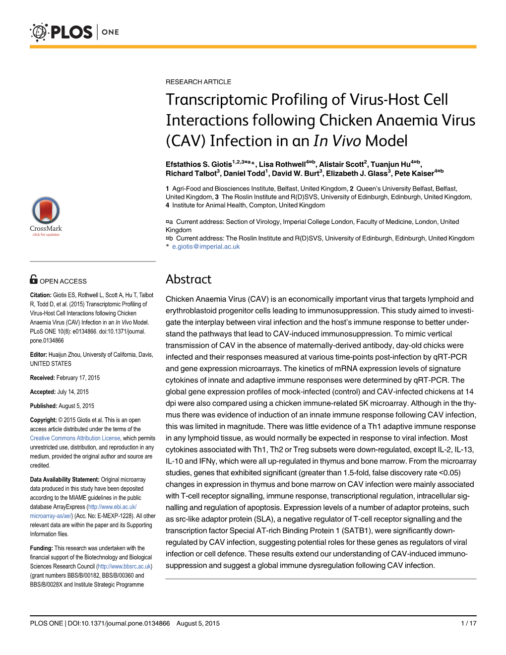 Transcriptomic Profiling of Virus-Host Cell Interactions Following Chicken Anaemia Virus (CAV) Infection in an in Vivo Model