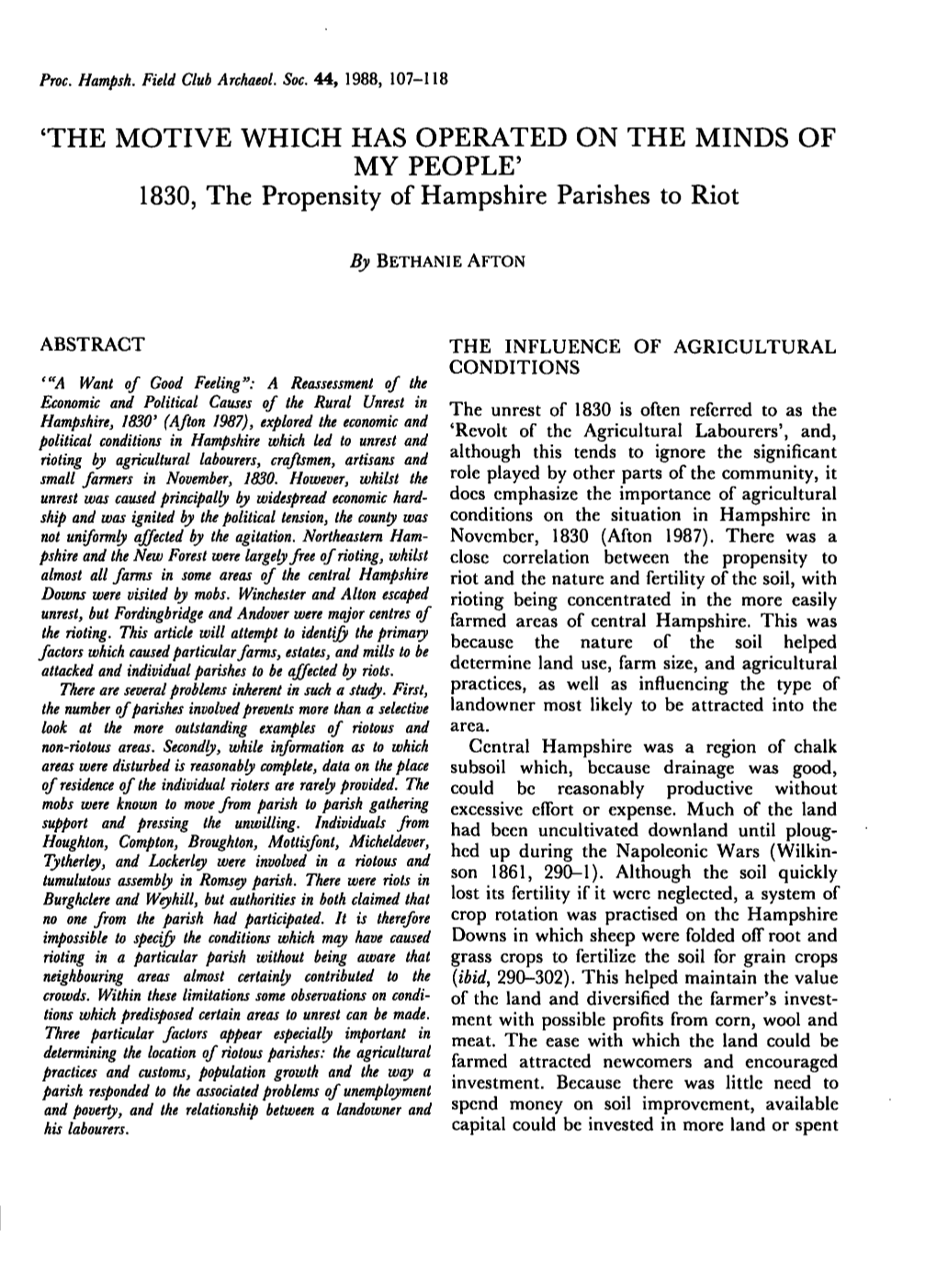 'THE MOTIVE WHICH HAS OPERATED on the MINDS of MY PEOPLE' 1830, the Propensity of Hampshire Parishes to Riot