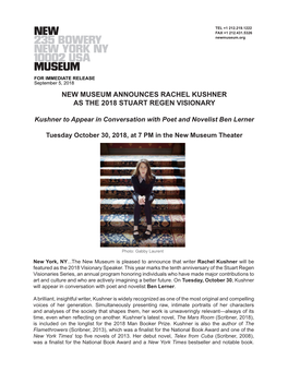 New Museum Announces Rachel Kushner As the 2018 Stuart Regen Visionary