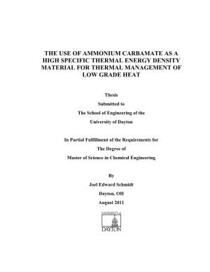 The Use of Ammonium Carbamate As a High Specific Thermal Energy Density Material for Thermal Management of Low Grade Heat