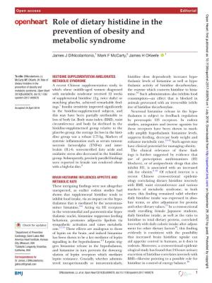 Role of Dietary Histidine in the Prevention of Obesity and Metabolic Syndrome