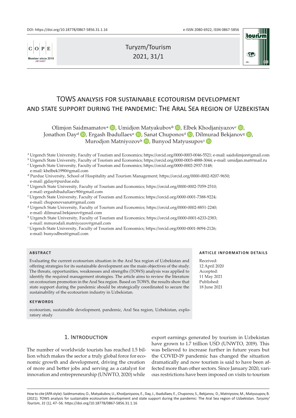 TOWS Analysis for Sustainable Ecotourism Development and State Support During the Pandemic: the Aral Sea Region of Uzbekistan