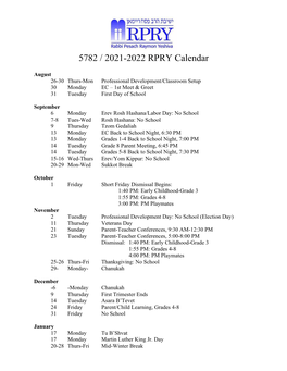 2021-2022 RPRY Calendar List