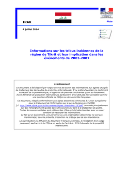 Informations Sur Les Tribus Irakiennes De La Région De Tikrit Et Leur Implication Dans Les Événements De 2003-2007