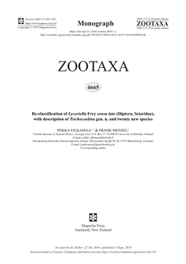 Re-Classification of Lycoriella Frey Sensu Lato (Diptera, Sciaridae), with Description of Trichocoelina Gen