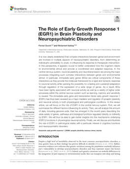 The Role of Early Growth Response 1 (EGR1) in Brain Plasticity and Neuropsychiatric Disorders