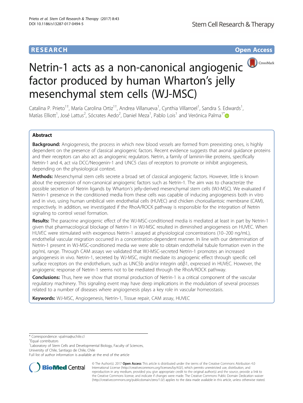 Netrin-1 Acts As a Non-Canonical Angiogenic Factor Produced by Human Wharton’S Jelly Mesenchymal Stem Cells (WJ-MSC) Catalina P