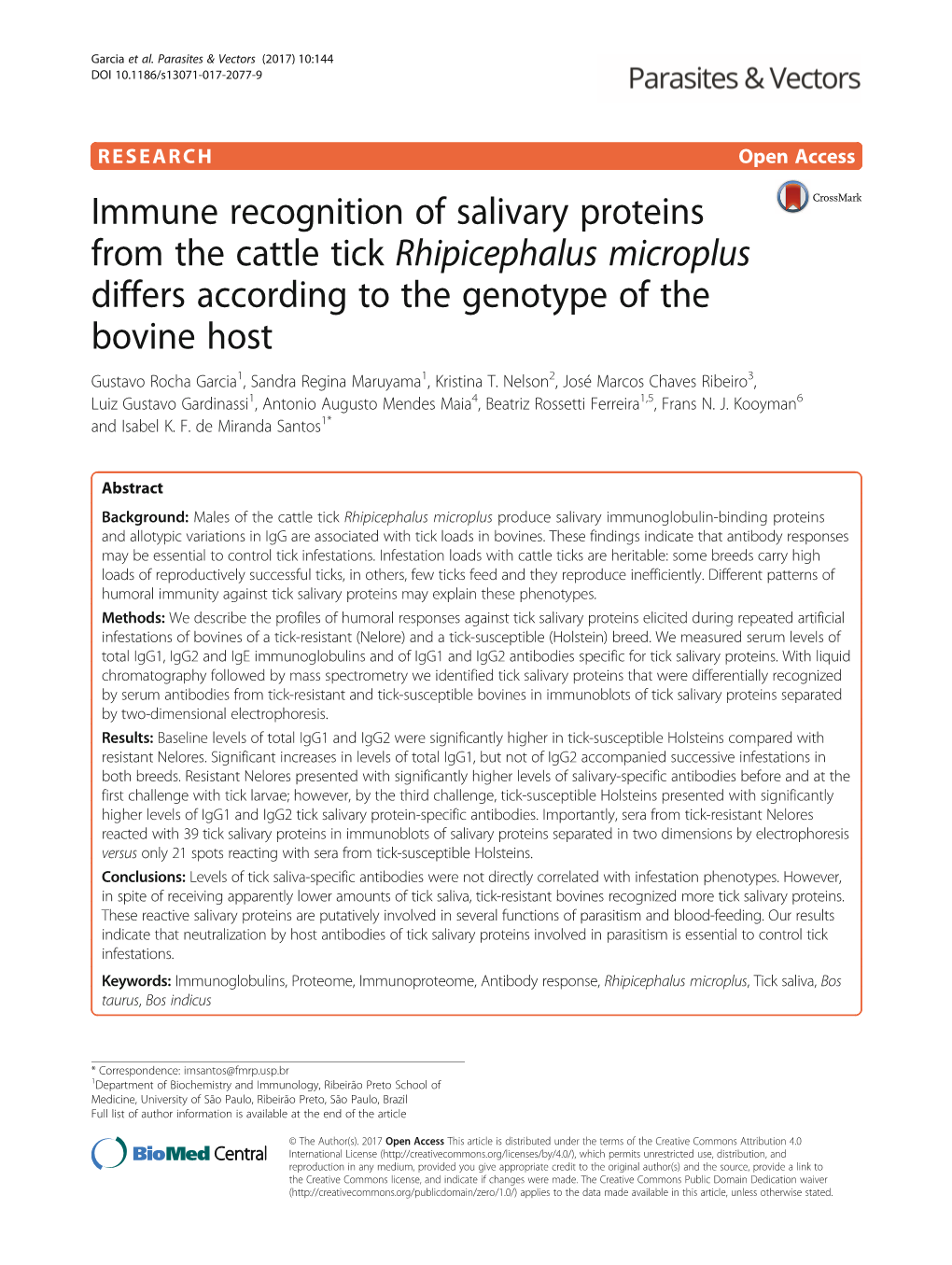 Immune Recognition of Salivary Proteins from the Cattle Tick
