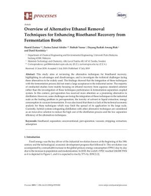 Overview of Alternative Ethanol Removal Techniques for Enhancing Bioethanol Recovery from Fermentation Broth