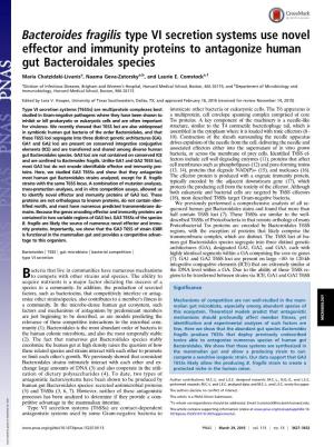 Bacteroides Fragilis Type VI Secretion Systems Use Novel Effector and Immunity Proteins to Antagonize Human Gut Bacteroidales Species