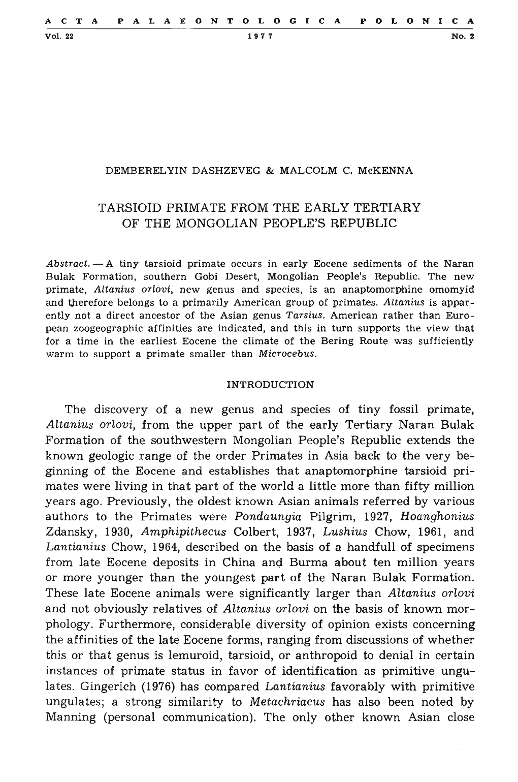 Tarsioid Primate from the Early Tertiary of the Mongolian People's Republic