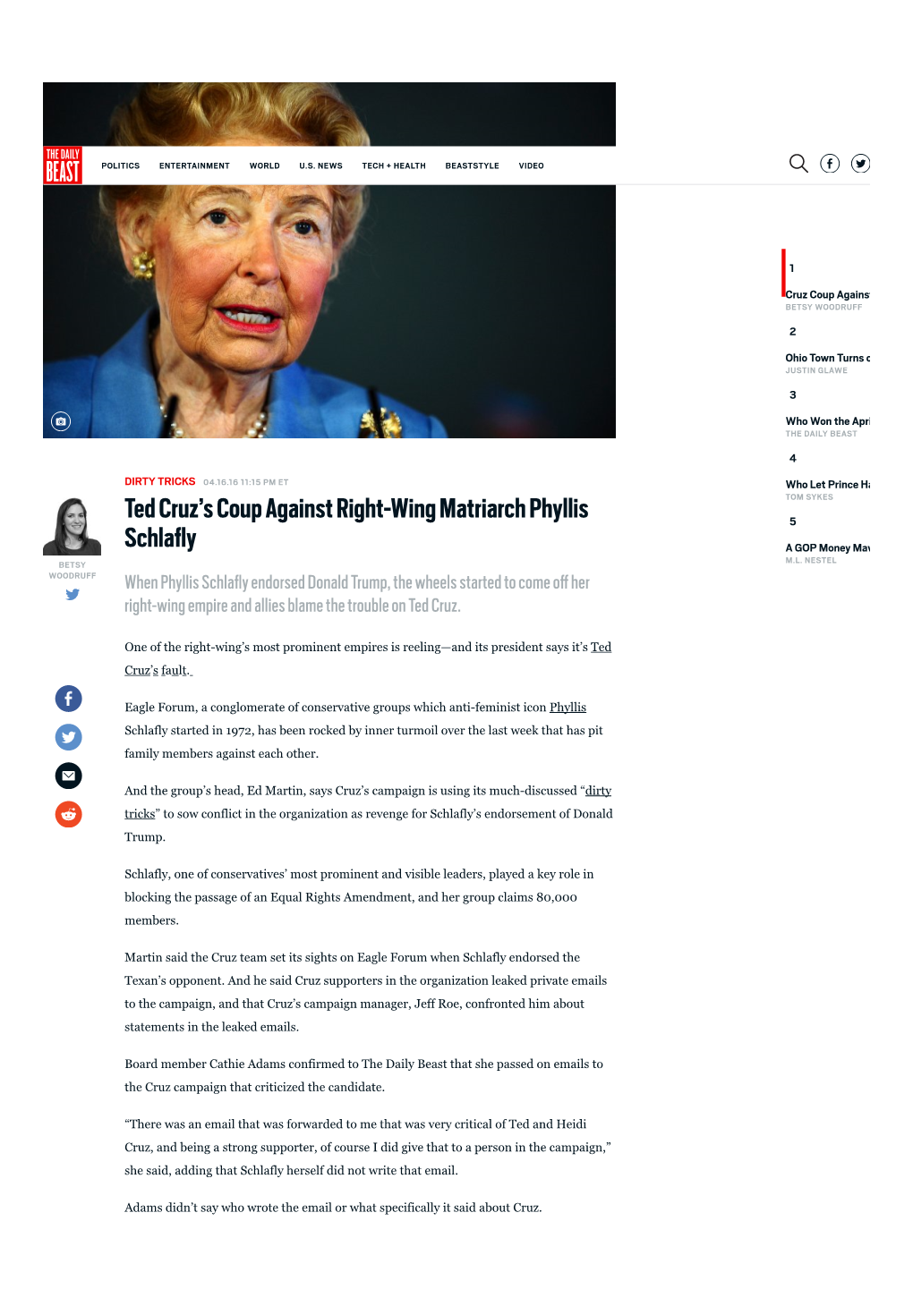 Ted Cruz's Coup Against Right‐Wing Matriarch Phyllis Schlafly