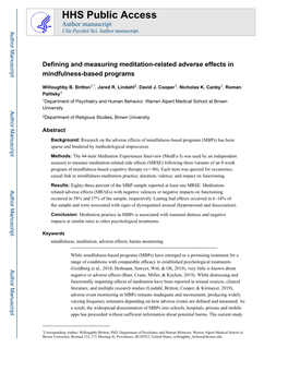Defining and Measuring Meditation-Related Adverse Effects in Mindfulness-Based Programs