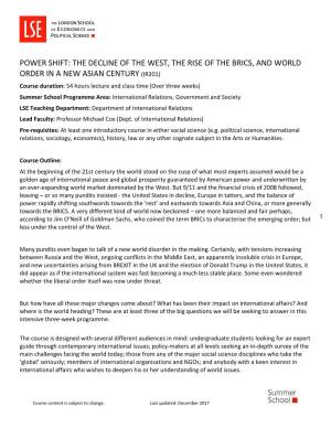 Power Shift: the Decline of the West, the Rise of the Brics, and World Order In