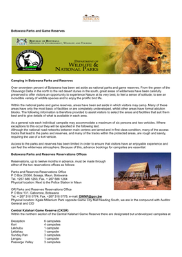 Botswana Parks and Game Reserves Camping in Botswana Parks And