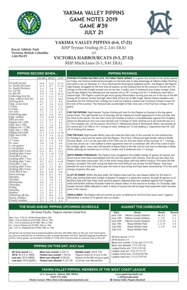 Yakima Valley Pippins Game Notes 2019 Game #39 July 21