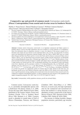 Comparative Age and Growth of Common Snook Centropomus Undecimalis (Pisces: Centropomidae) from Coastal and Riverine Areas in Southern Mexico