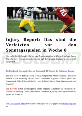 Injury Report: Das Sind Die Verletzten Vor Den Sonntagsspielen in Woche 8