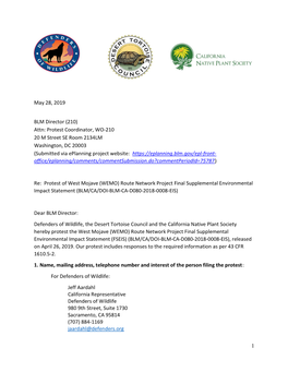Protest of West Mojave (WEMO) Route Network Project Final Supplemental Environmental Impact Statement (BLM/CA/DOI-BLM-CA-D080-2018-0008-EIS)