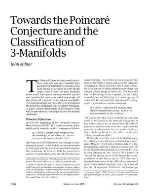 Towards the Poincaré Conjecture and the Classification of 3-Manifolds John Milnor