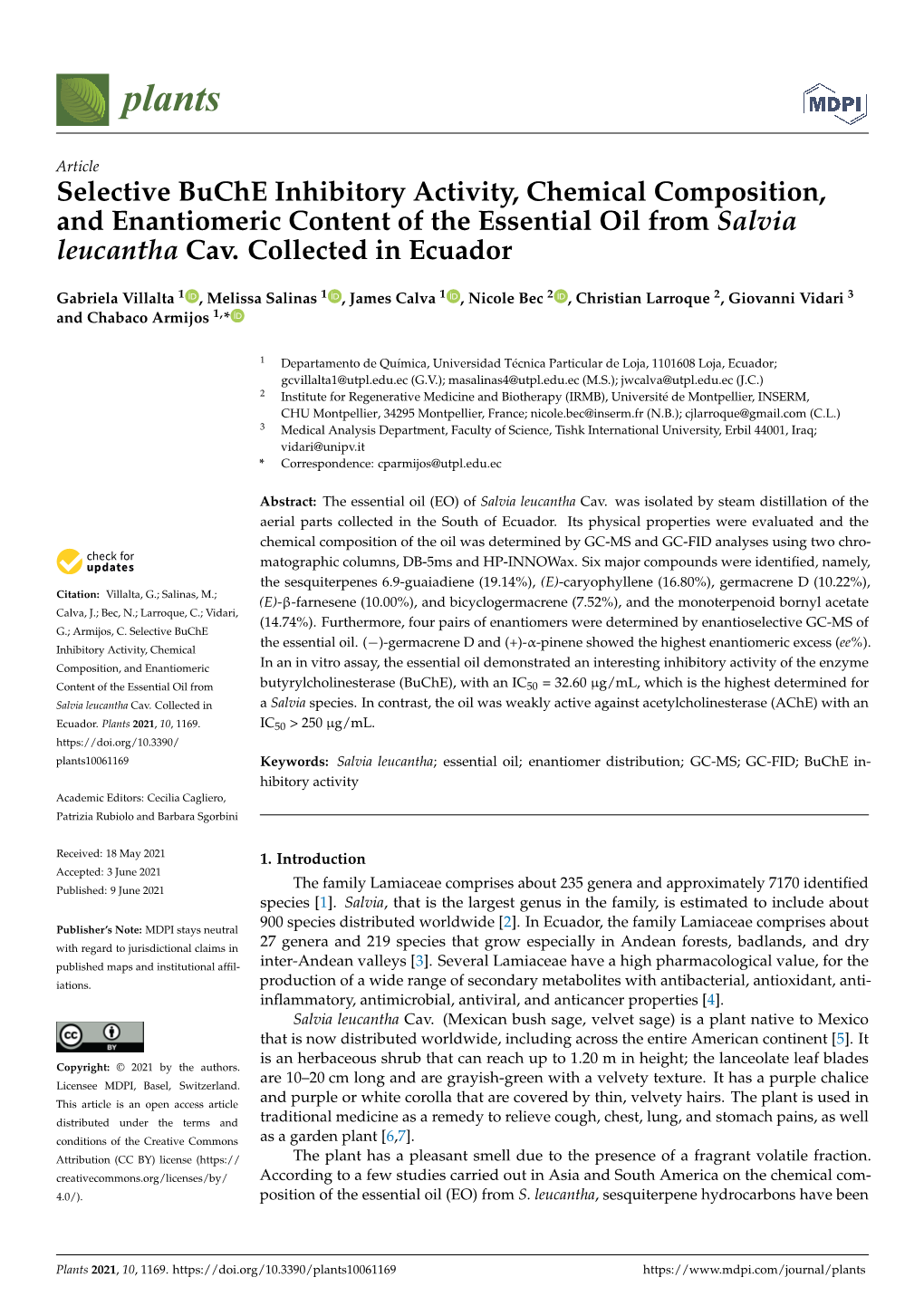 Selective Buche Inhibitory Activity, Chemical Composition, and Enantiomeric Content of the Essential Oil from Salvia Leucantha Cav