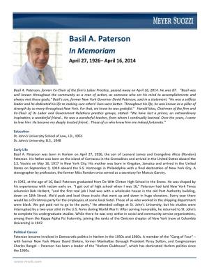 Basil A. Paterson in Memoriam April 27, 1926– April 16, 2014