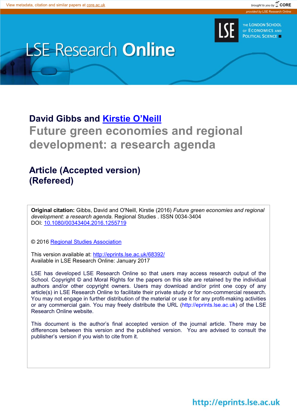 Future Green Economies and Regional Development: a Research Agenda