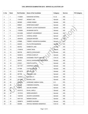 SERVICE ALLOCATION LIST S. No Rank Roll Number Name of The