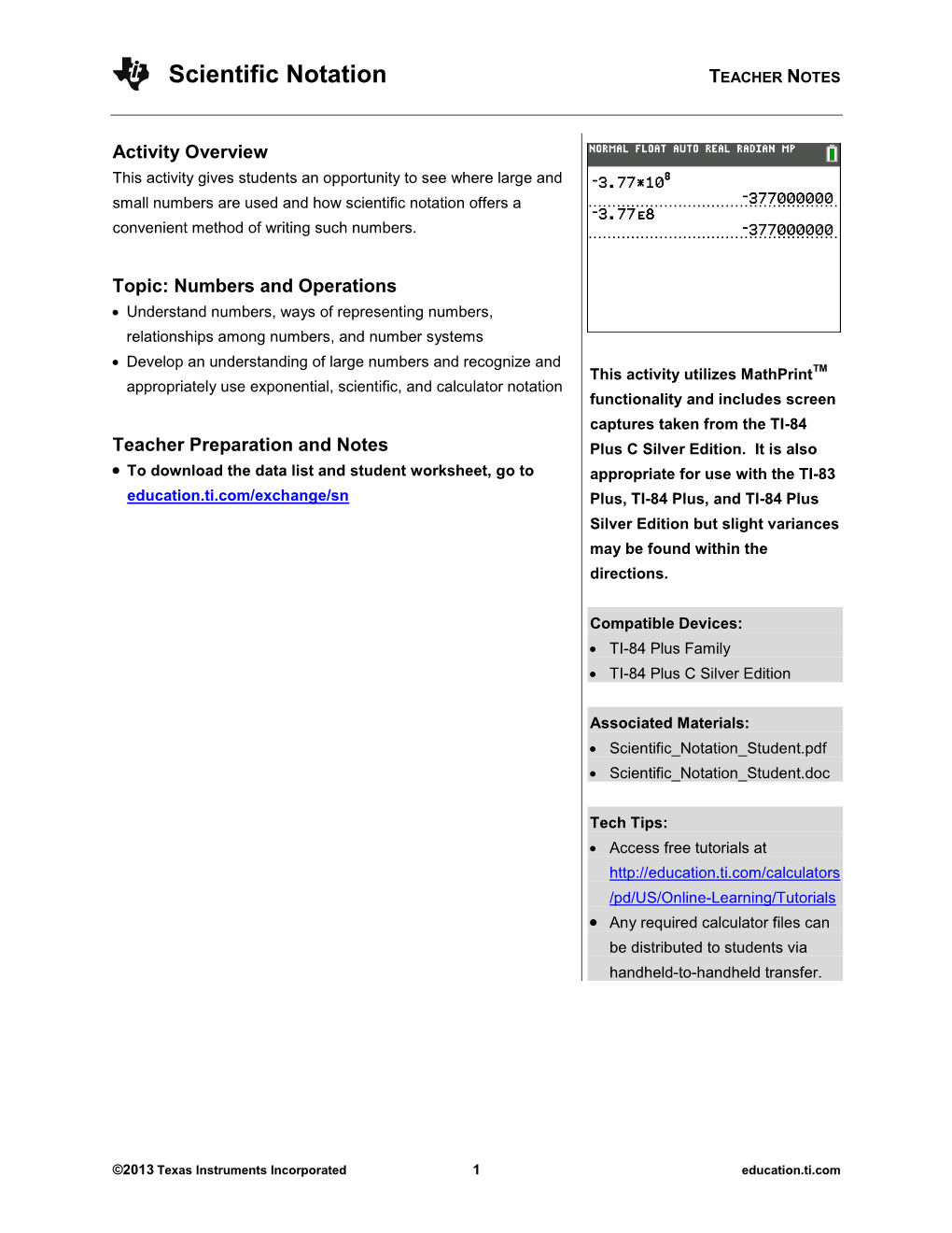 Scientific Notation TEACHER NOTES