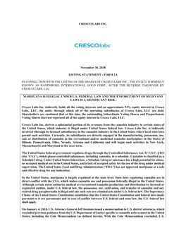 CRESCO LABS INC. November 30, 2018 LISTING STATEMENT